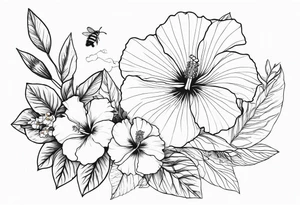 Hibiscus with wildflowers, poppy, complimentary flowers, bees, forearm tattoo idea