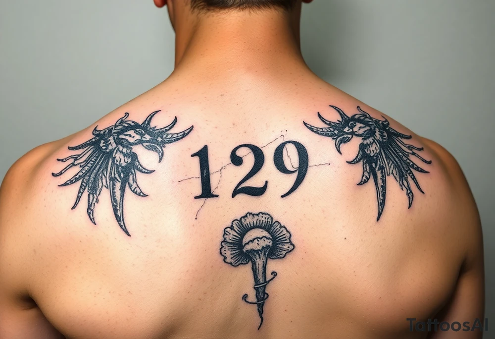 A 10x10 grunge tattoo with the number 129 and something like a fungus tattoo idea
