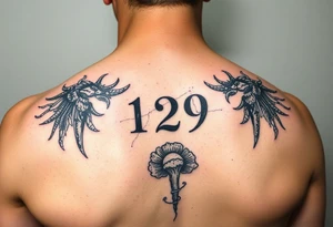 A 10x10 grunge tattoo with the number 129 and something like a fungus tattoo idea