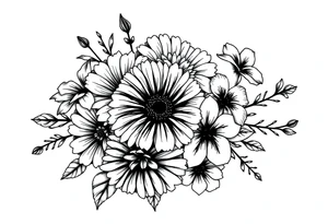 Honeysuckle, marigold, chrysanthemum, and violet bouquet tattoo idea