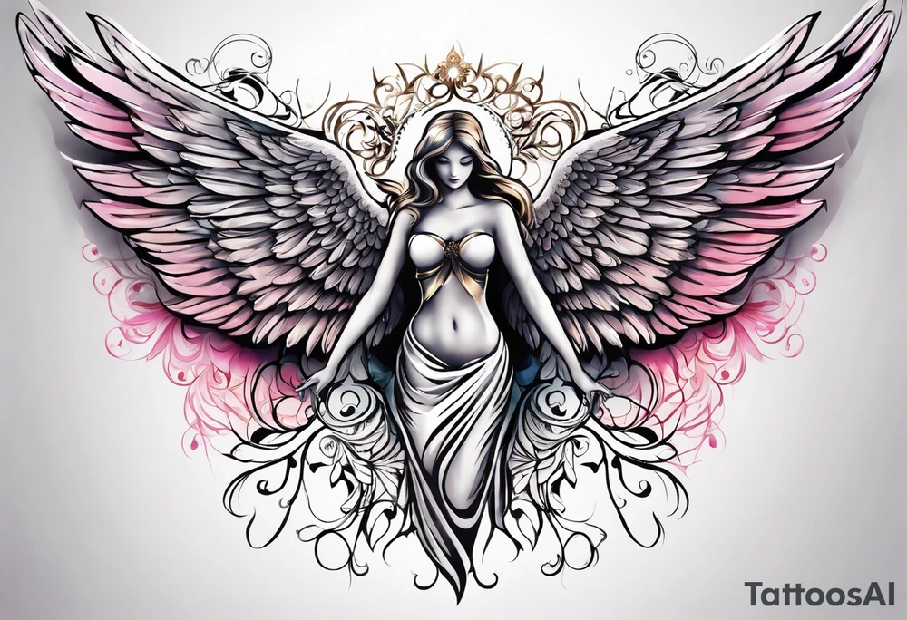 beautiful angel wings. with flilgree in the background tattoo idea