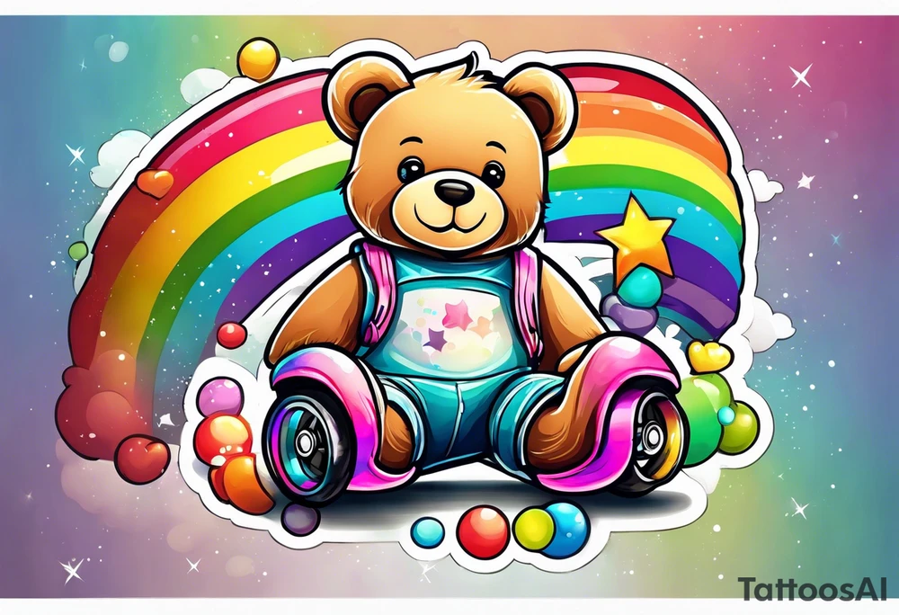 a teddy bear, wearing cute, pastel rainbow rollerskates tattoo idea