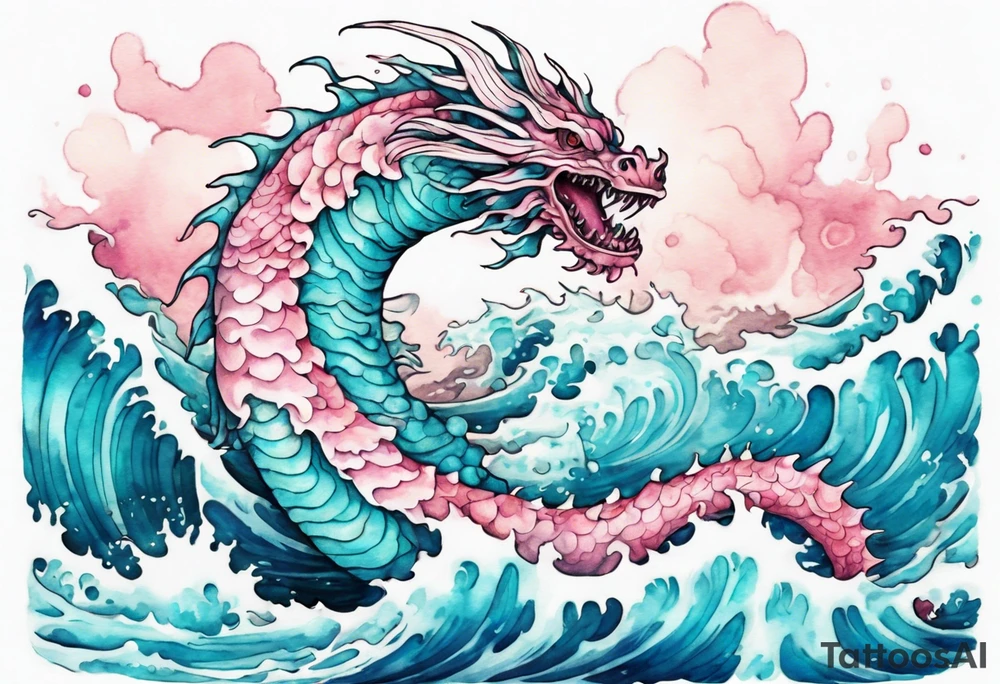 a beautiful turquoise and white and pink sea monster rising from the blue waves of the ocean tattoo idea