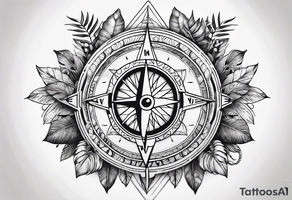 sleeve tattoo with jungle plants, Viking compass, all-seeing eye tattoo idea