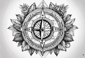 sleeve tattoo with jungle plants, Viking compass, all-seeing eye tattoo idea