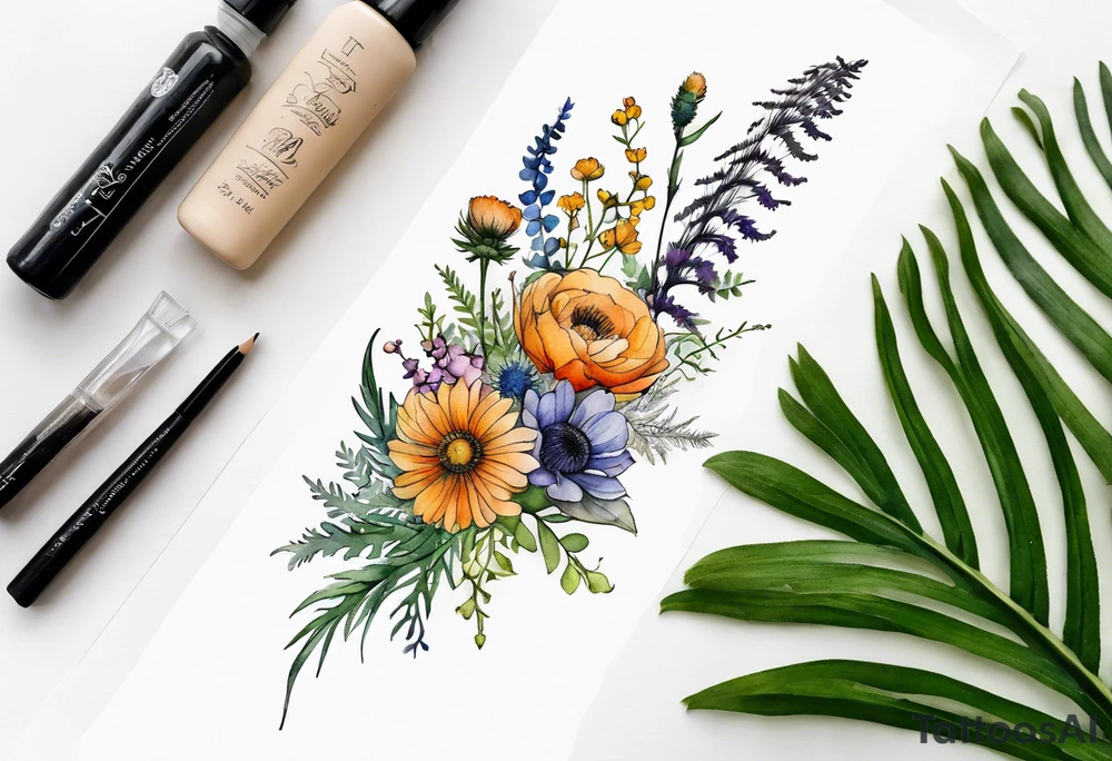 vertical mixed wildflower bouquet with ferns, ranunculus, thistle and with watercolor tattoo idea