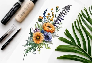 vertical mixed wildflower bouquet with ferns, ranunculus, thistle and with watercolor tattoo idea