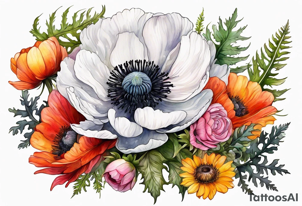 a white anemone with black center with thistles, ferns, ranuculus, sun flowers, red flowers, pink flowers, orange flowers, yellow flowers in watercolor tattoo idea