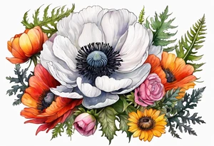 a white anemone with black center with thistles, ferns, ranuculus, sun flowers, red flowers, pink flowers, orange flowers, yellow flowers in watercolor tattoo idea