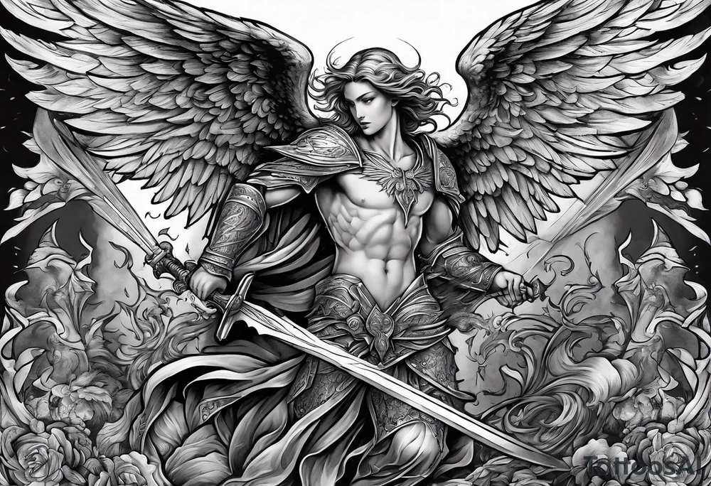 Angel with long sword on a pile of dead demons in etchwork style sleeve tattoo idea