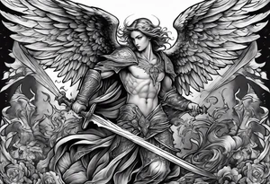 Angel with long sword on a pile of dead demons in etchwork style sleeve tattoo idea
