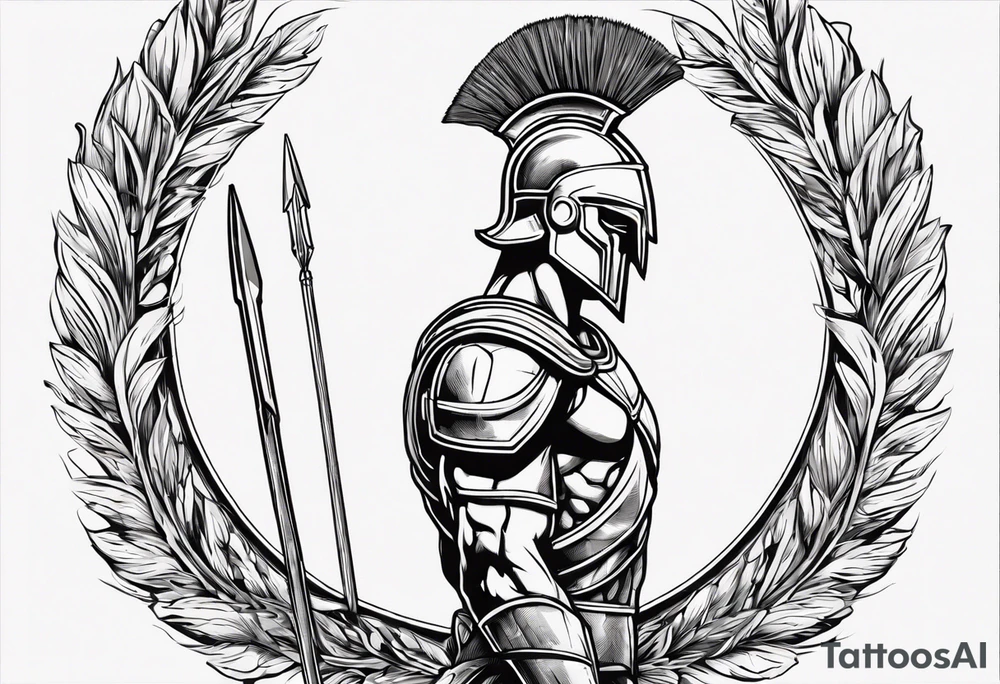 rectangular landscape format ultra-fine line linework vector of a spartan from the side, spartan spear, spartan shield, laurel wreath tattoo idea