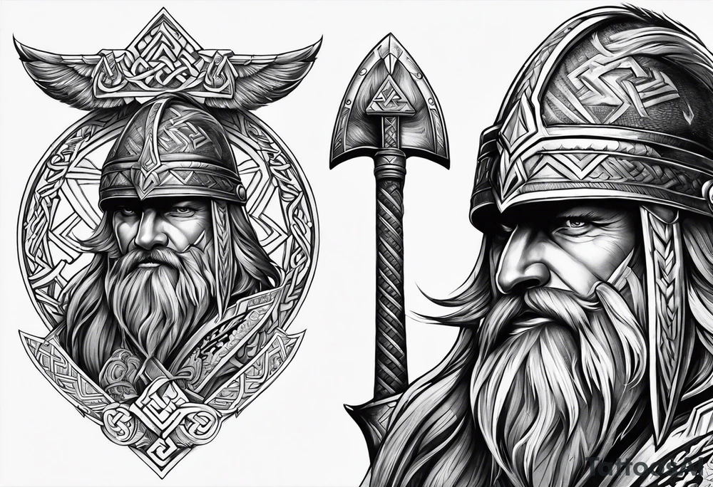 Valhalla sword shield axe Valknut fire tattoo idea