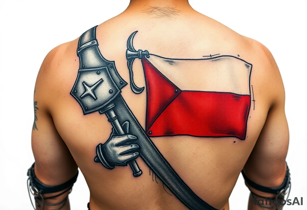 A knight in medieval armor holding a Czech flag (blue, white, red), inspired by Hussite warriors, with battle-worn silver and red tones. tattoo idea