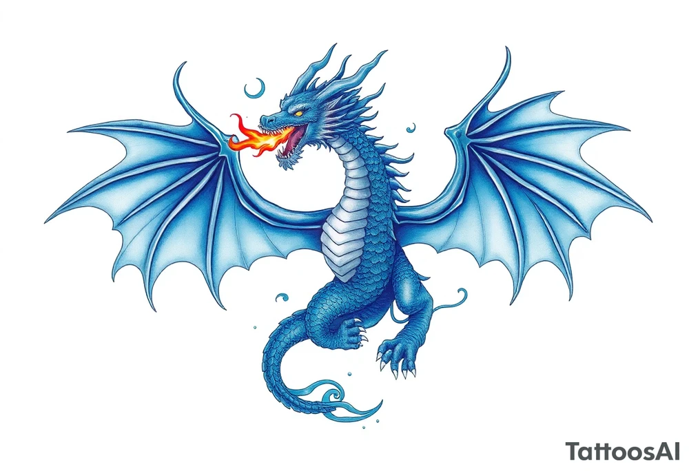 Blue fire breathing dragon with wings spread tattoo idea
