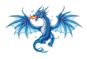 Blue fire breathing dragon with wings spread tattoo idea