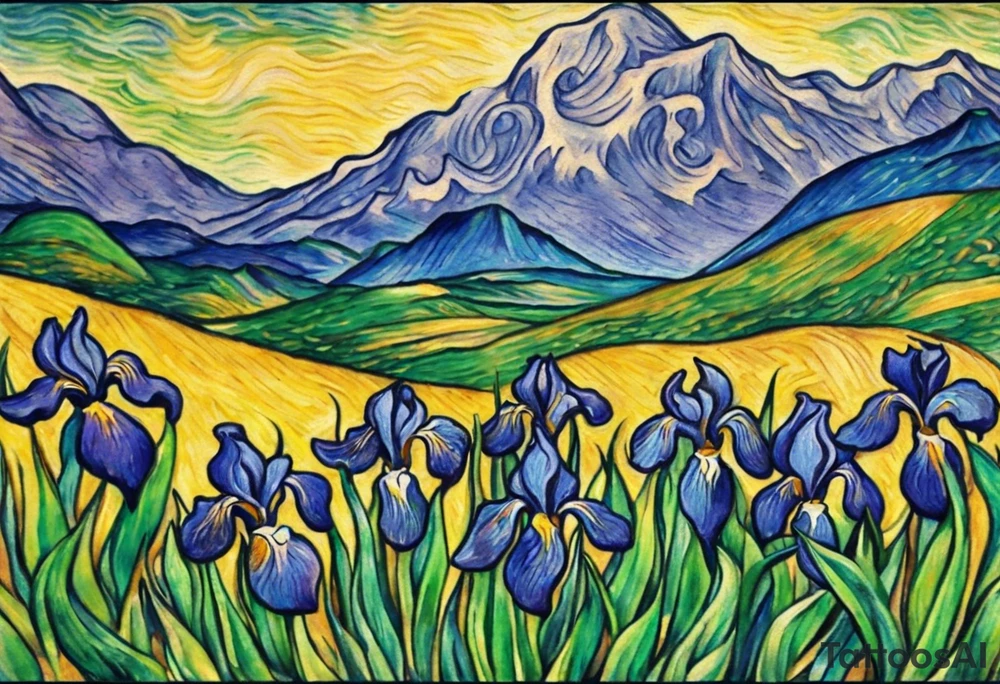 Create a small, thick, colorful Vincent van Gogh Irises tattoo, with vines in Celtic knots gracefully intertwining at mountains, needs to be present. The intended placement is on the upper chest. The overall design should be small in size while maintaining a delicate and artistic aesthetic. Pay attention to the graceful flow of the vines and the placement of the irises to achieve a refined and elegant look. tattoo idea