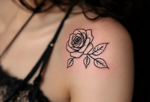 Dotted outline of a roses, with no fill, resembling a hand-poked aesthetic, placed on the ankle. tattoo idea