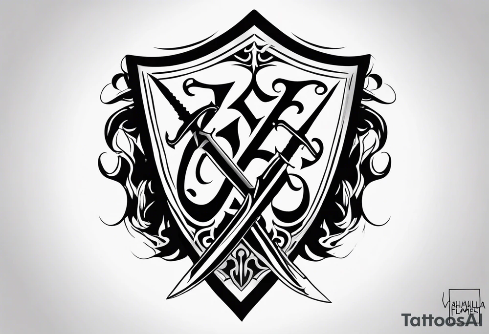 Valhalla flames shield sword tattoo idea