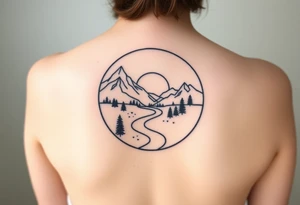 mountains. river and sunrise, let it all be inside one circle. draw a line and divide the circle into two parts, let one part be like day and the other part like night tattoo idea