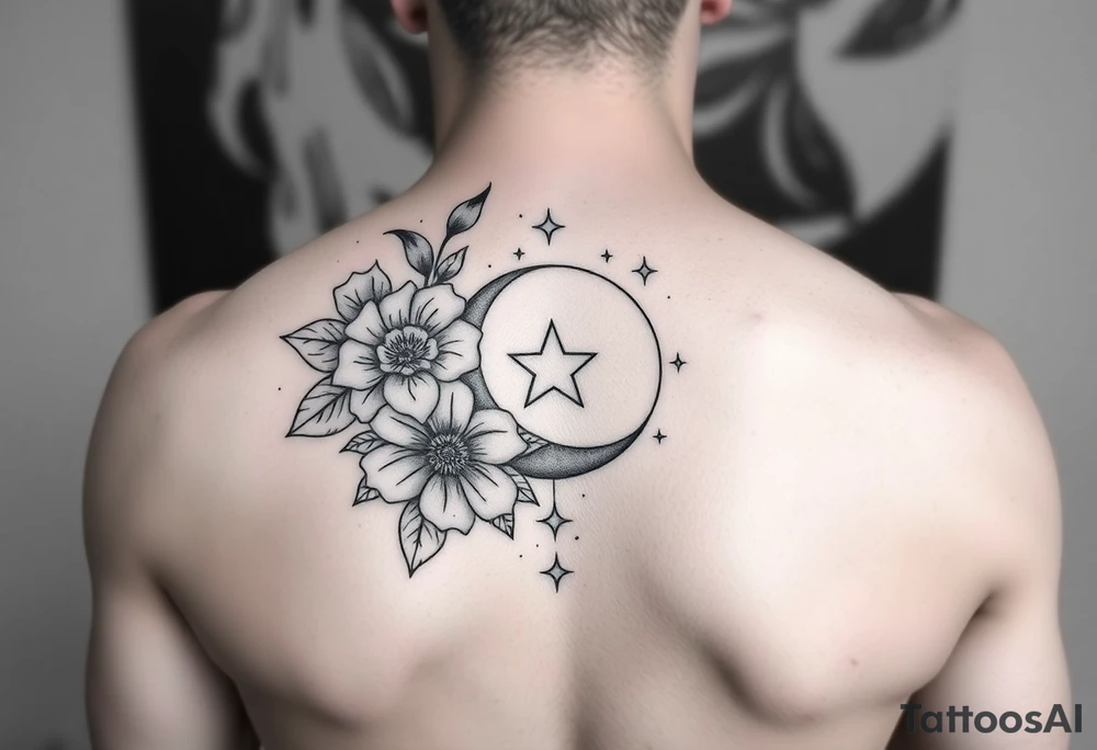 Flower sleeve surrounded by moon and star design tattoo idea
