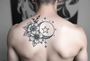 Flower sleeve surrounded by moon and star design tattoo idea