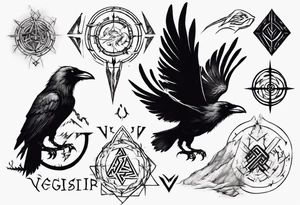 Vegsiir, yggdarsil, 2 ravens, all who wander are not lost in runes around vegsivir tattoo idea