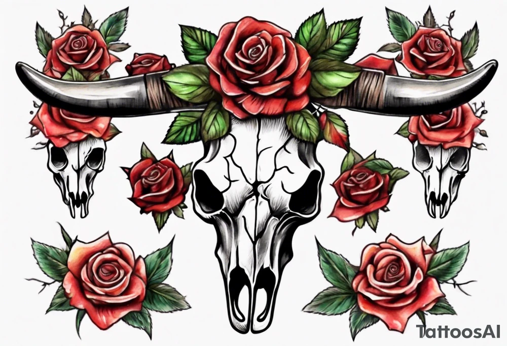 bull skull with roses tattoo idea