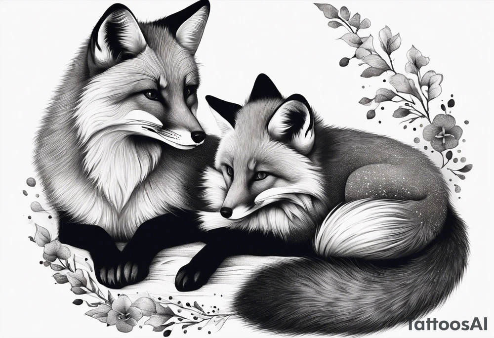 mom and baby fox, realistic, far away tattoo idea