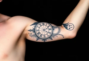 I want to create a sleeve for my left arm with elements if time and music and the dates 19.04.2019 and 28.01.2022 in Roman numerals tattoo idea