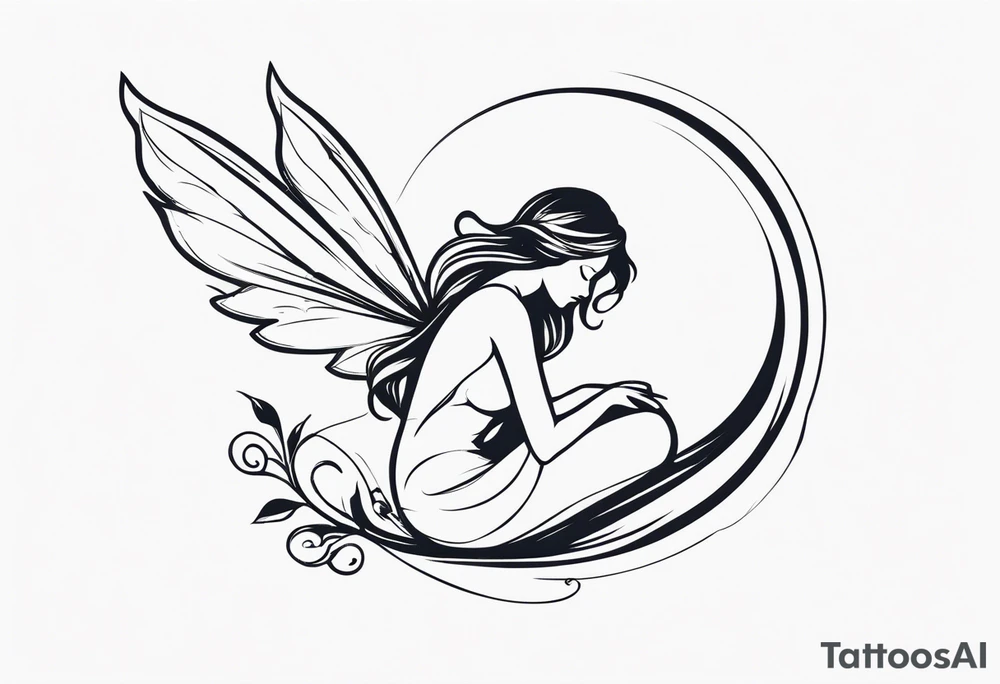 Minimalistic, monochromatic fairy with a tail flying to the left in a fetal position, leaning and looking in the same direction, with visible hands, embodying the 'Fairy Tail' logo aesthetic. tattoo idea