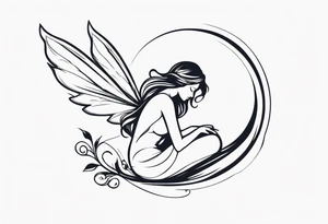 Minimalistic, monochromatic fairy with a tail flying to the left in a fetal position, leaning and looking in the same direction, with visible hands, embodying the 'Fairy Tail' logo aesthetic. tattoo idea