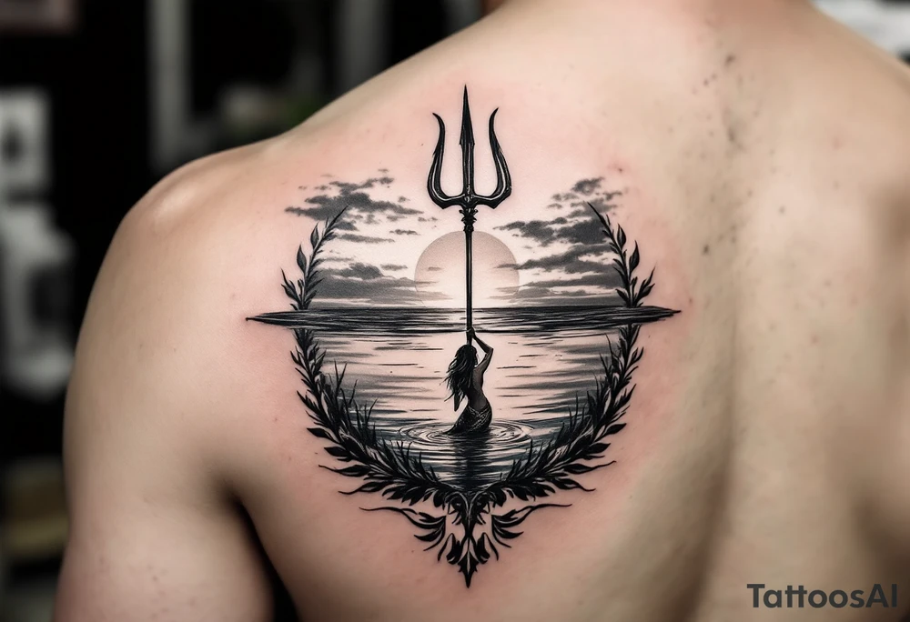trident half way under calm water with mermaid and sunset tattoo idea