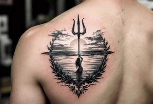 trident half way under calm water with mermaid and sunset tattoo idea