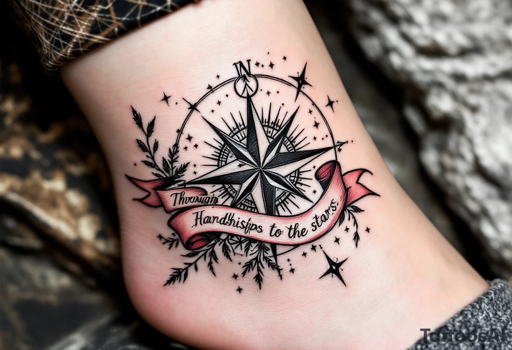 Wrapped in a crimson banner, the phrase “Through Hardships to the stars” winds around a black-inked compass rose. tattoo idea
