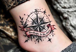 Wrapped in a crimson banner, the phrase “Through Hardships to the stars” winds around a black-inked compass rose. tattoo idea