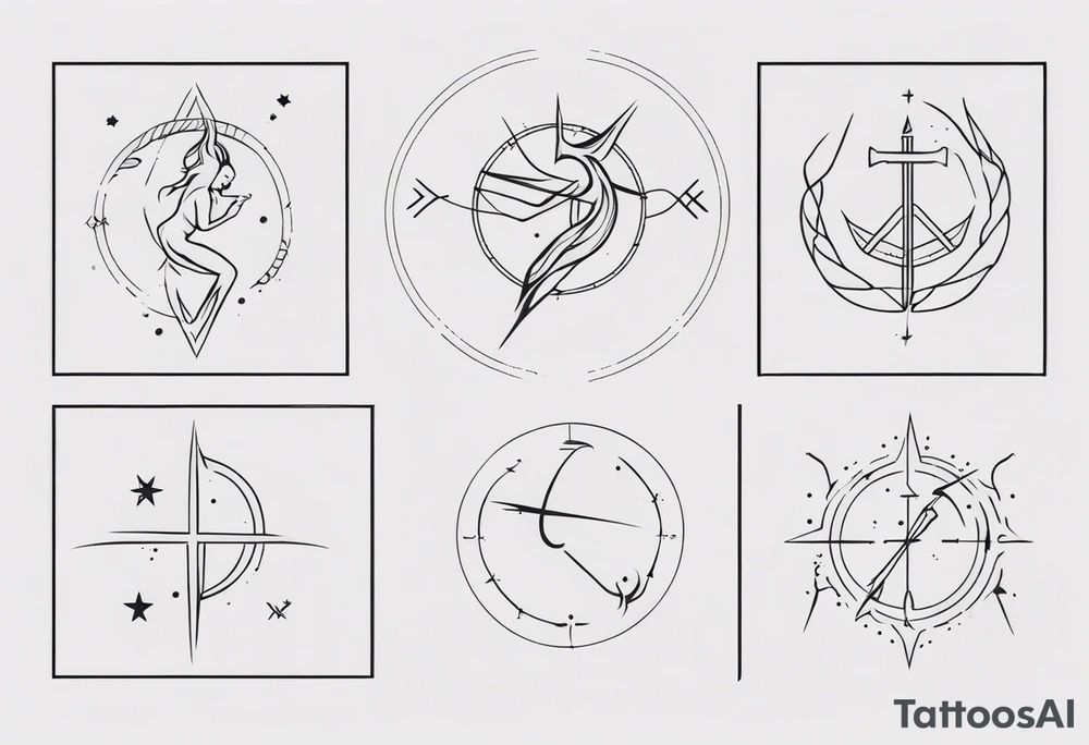 minimalist tattoo of sagittarius, pisces and scorpio signs. With lines around them tattoo idea