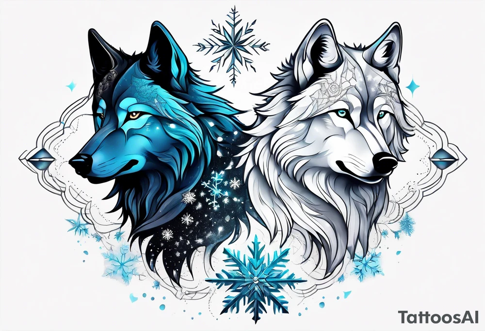 Constellation, two animal wolf, snowflake tattoo idea