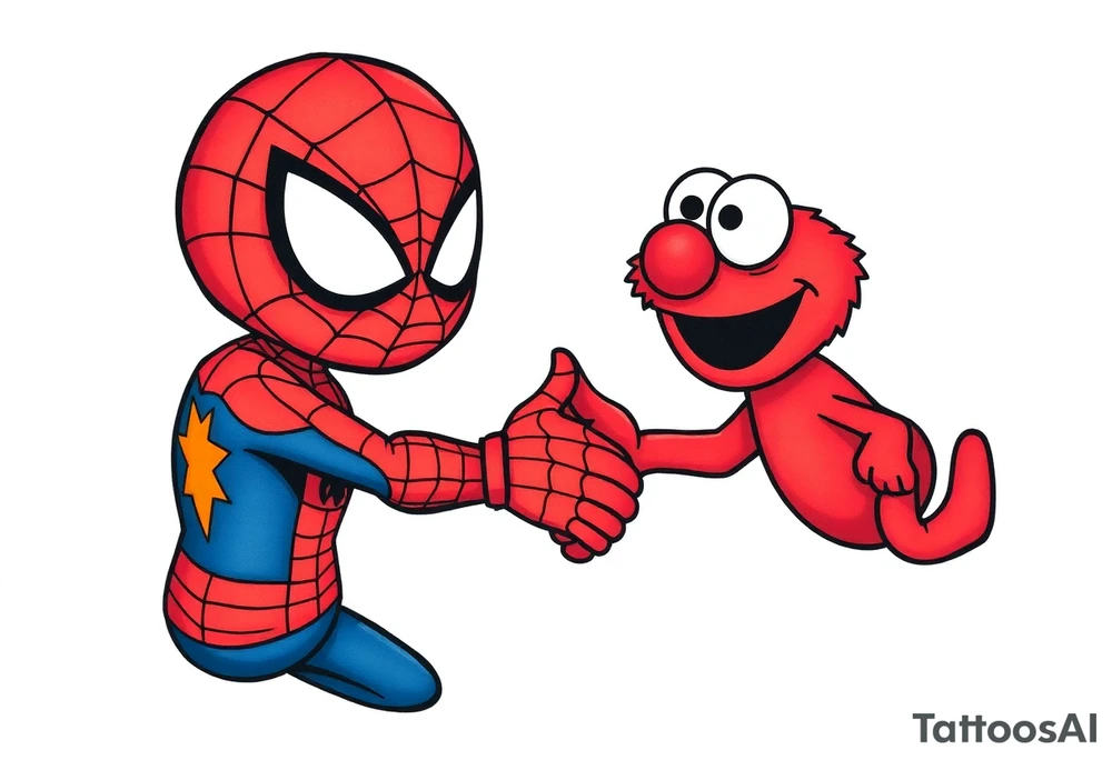 Spider-man and Elmo locking hands for a handshake tattoo idea