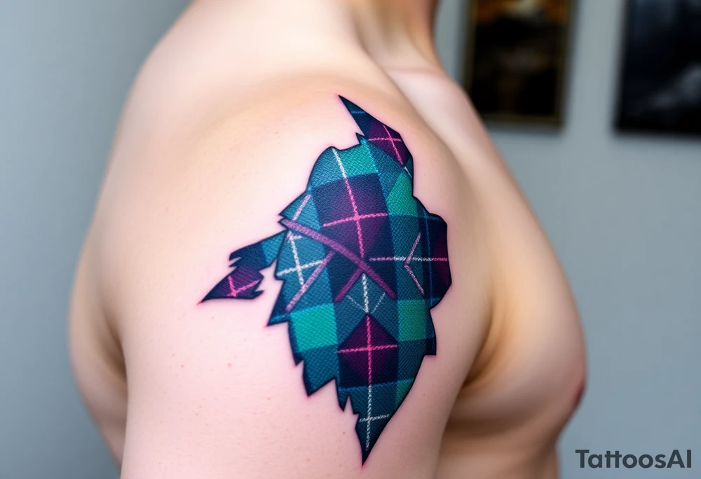 Side of arm Dark Purple with green pink blue and white highlights tartan fabric with skin peeling away at edges tattoo idea