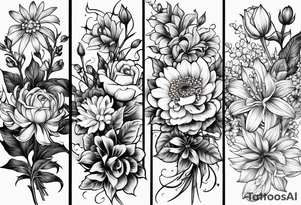 Asters, roses, lily of the valley, and chrysanthemums in a long line tattoo idea