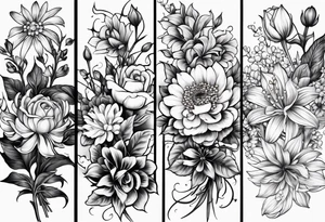 Asters, roses, lily of the valley, and chrysanthemums in a long line tattoo idea