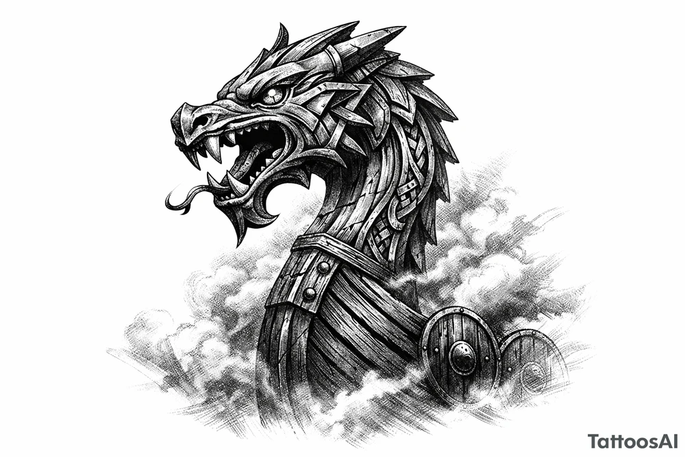 Close-up of a Viking longship's dragon head prow emerging from fog. tattoo idea