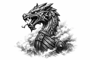 Close-up of a Viking longship's dragon head prow emerging from fog. tattoo idea