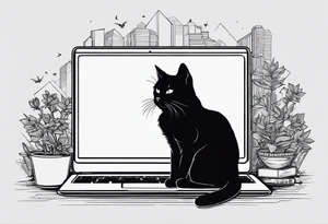 A black cat sitting in Front of a MacBook and Programming. tattoo idea