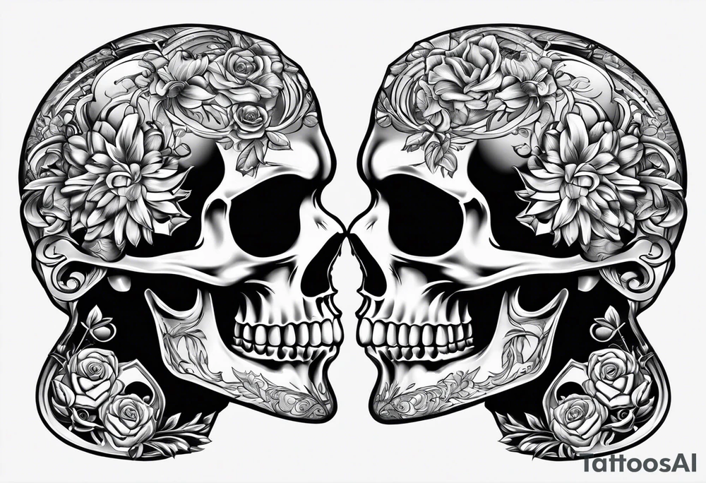 two skulls play Russian roulette as we kiss tattoo idea