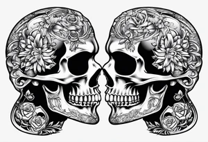 two skulls play Russian roulette as we kiss tattoo idea