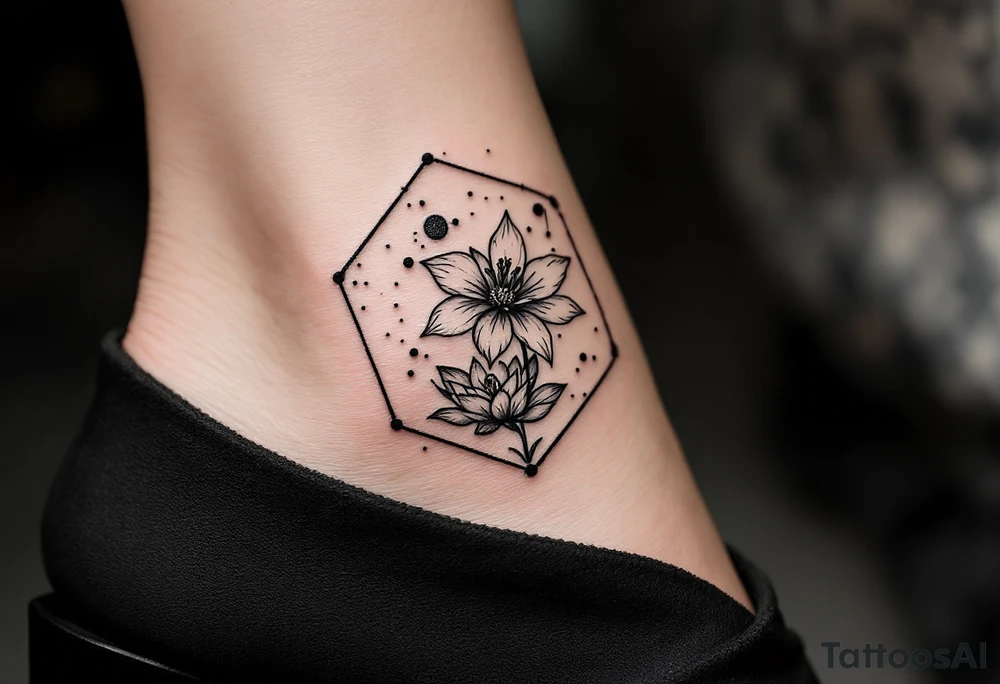 Hexagon with larkspur, water Lilly and Leo constellation tattoo idea