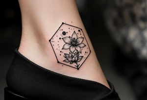 Hexagon with larkspur, water Lilly and Leo constellation tattoo idea
