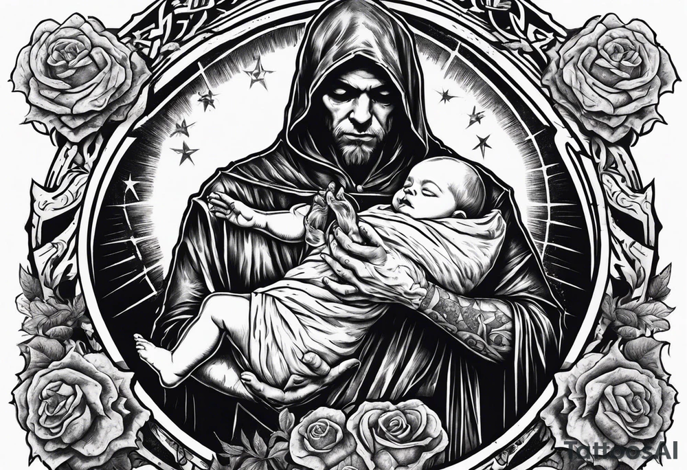 Satan holds a dead mummified baby in his arms, against the background of a grave with a pentagram tattoo idea